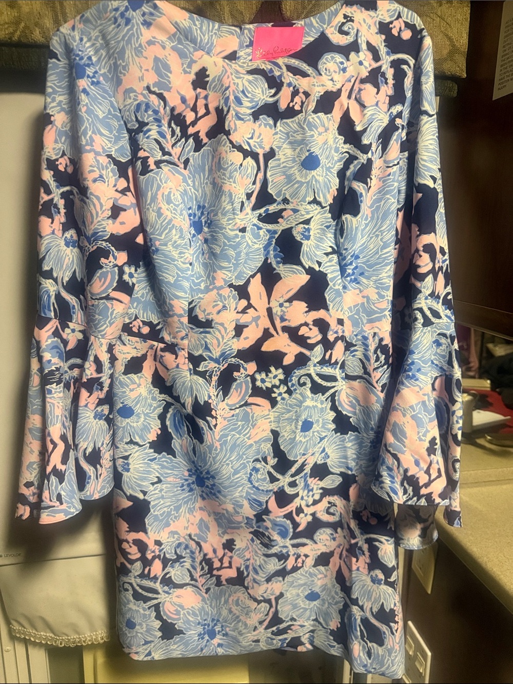 Lilly Pulitzer Navy Floral Long-Sleeve Shift Dress with Light Blue & Pink Print
